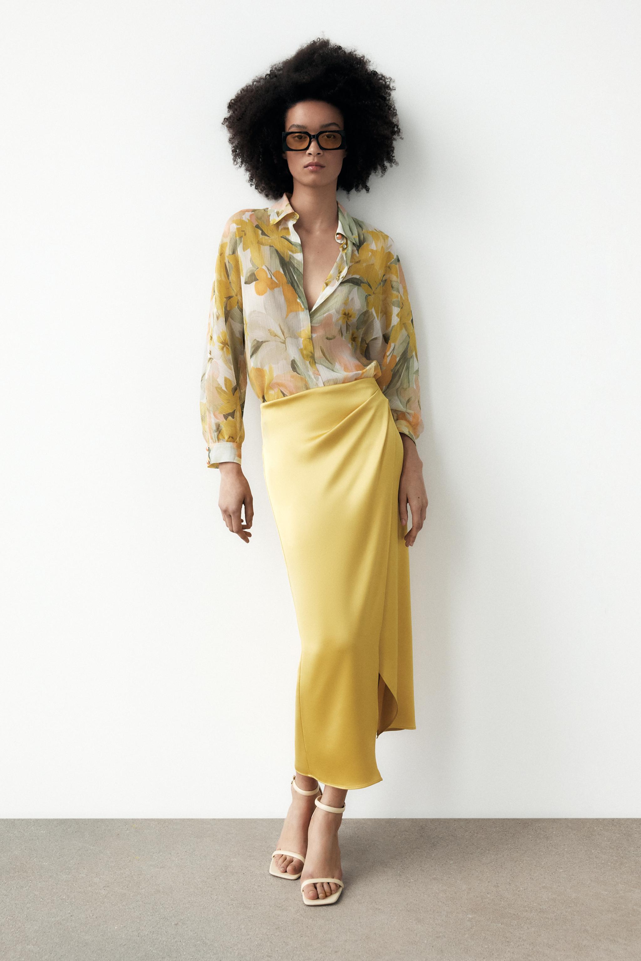 GATHERED SATIN SKIRT Yellow ZARA United Kingdom